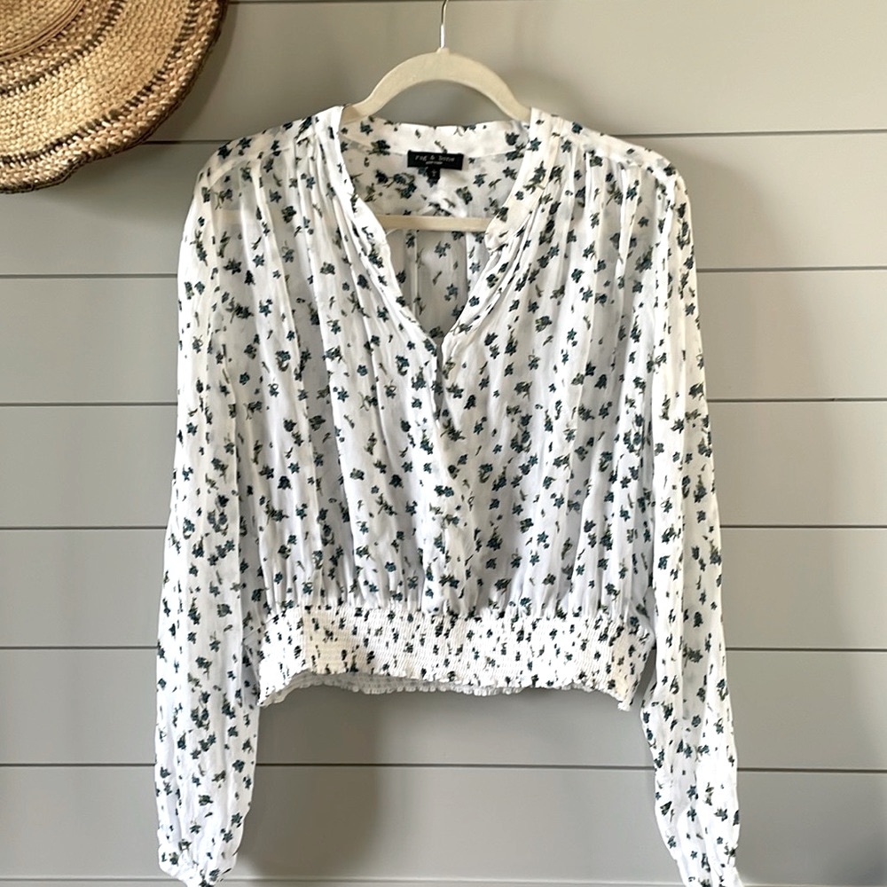 Rag & Bone Sheer Floral White Short Top Blouse Size Large